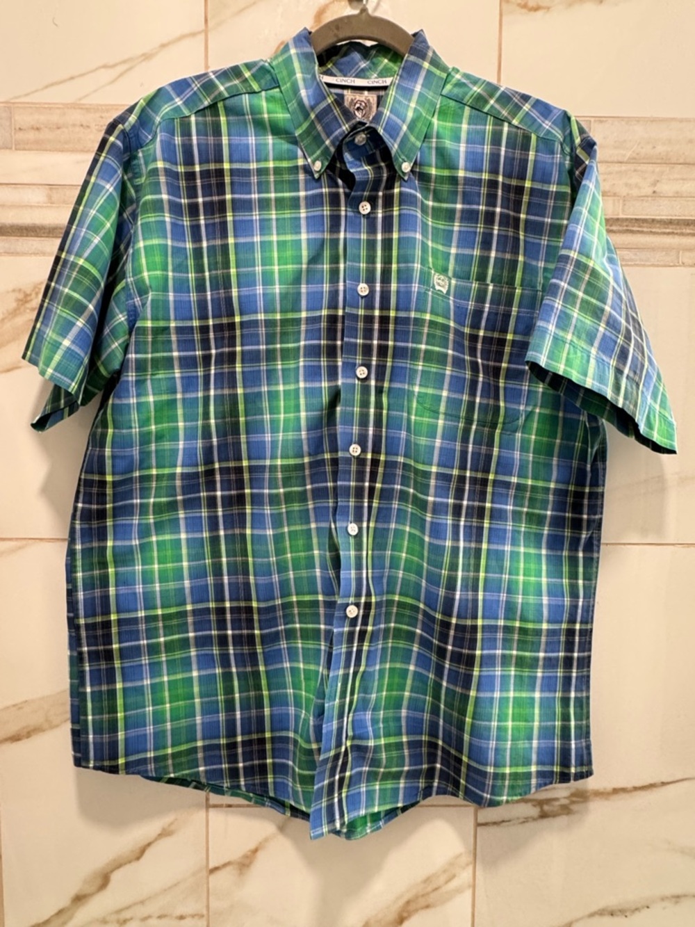 Cinch cowboy Plaid Button Down Shirt Mens Blue Green Short Sleeve western M - Picture 6 of 12